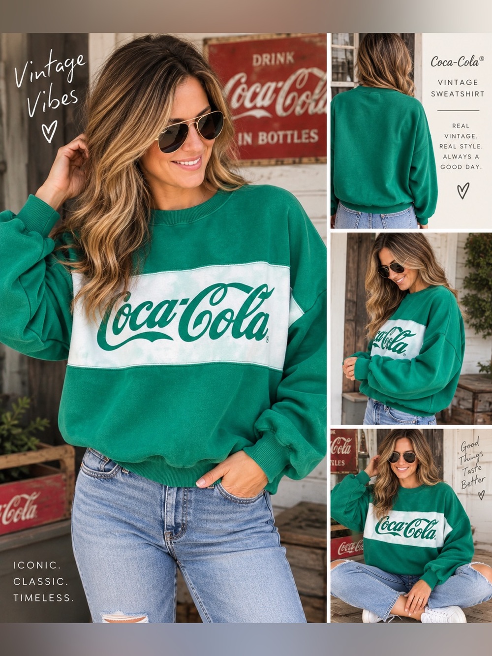 Coca Cola Sweatshirt Green White Colorblock Logo Crewneck Vintage 80s 90s- sz M